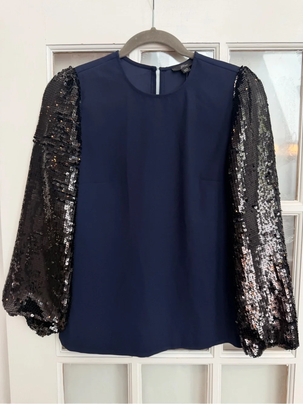 J. Crew Navy Blue Black Sequin Sleeve Formal Party Crepe Blouse Top Size XXS NWT